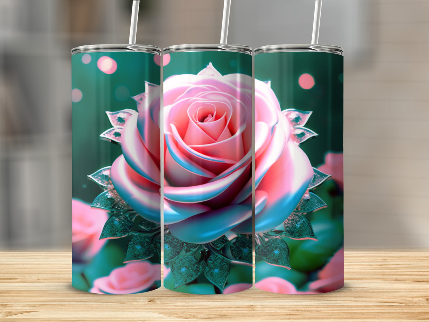 Three tumblers featuring a pink and blue rose design against a bokeh background.