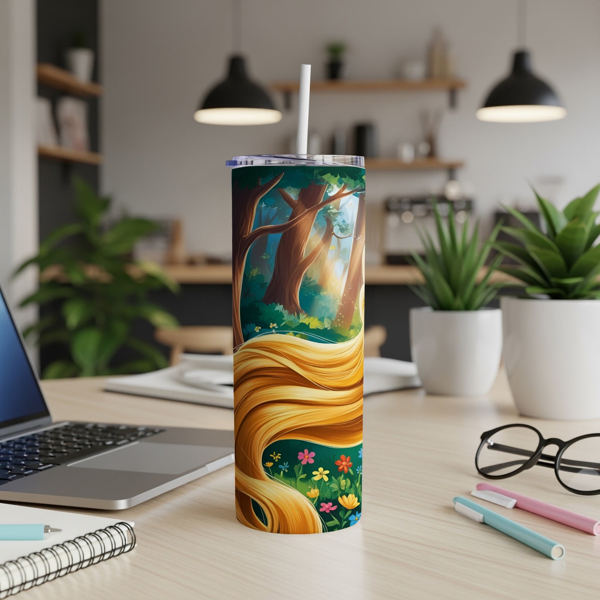 Tall tumbler with Rapunzel's golden hair and forest flowers design.