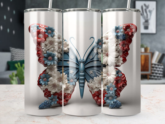 Butterfly tumbler with red, white, and blue floral design.