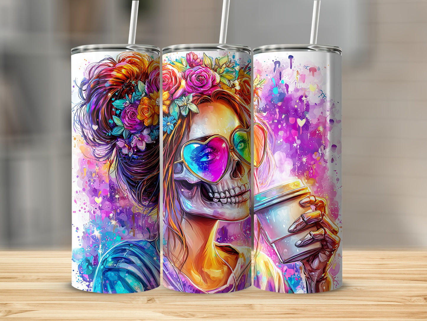 Skull Art Colorful Tumbler with Flowers and Sunglasses