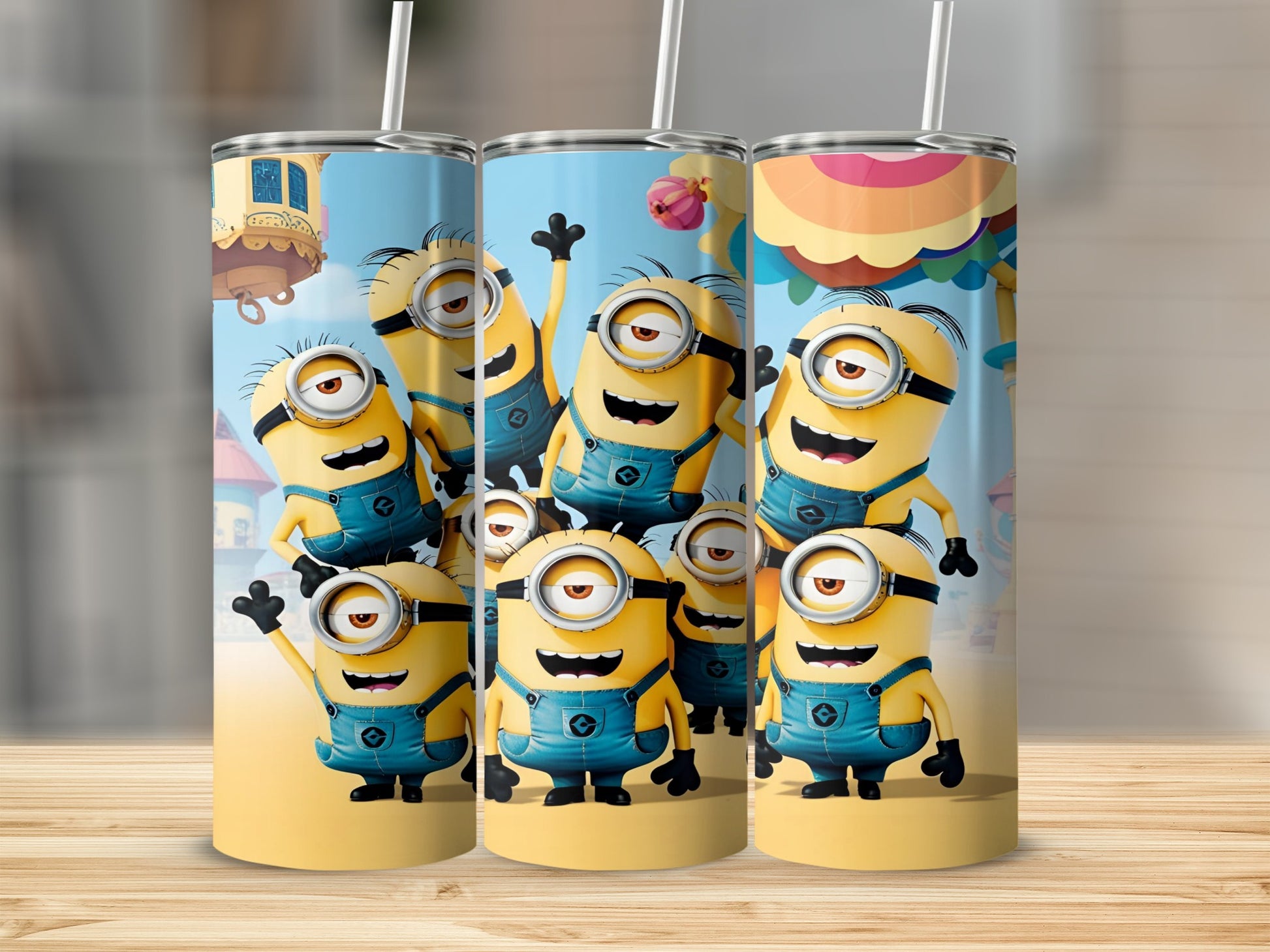 Minions in overalls, smiling and waving, against a colorful background.