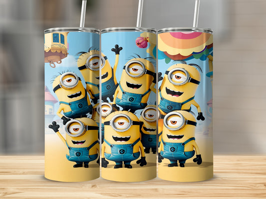 Minions in overalls, smiling and waving, against a colorful background.