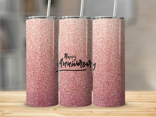 Three glitter tumblers with "Happy Anniversary" text.