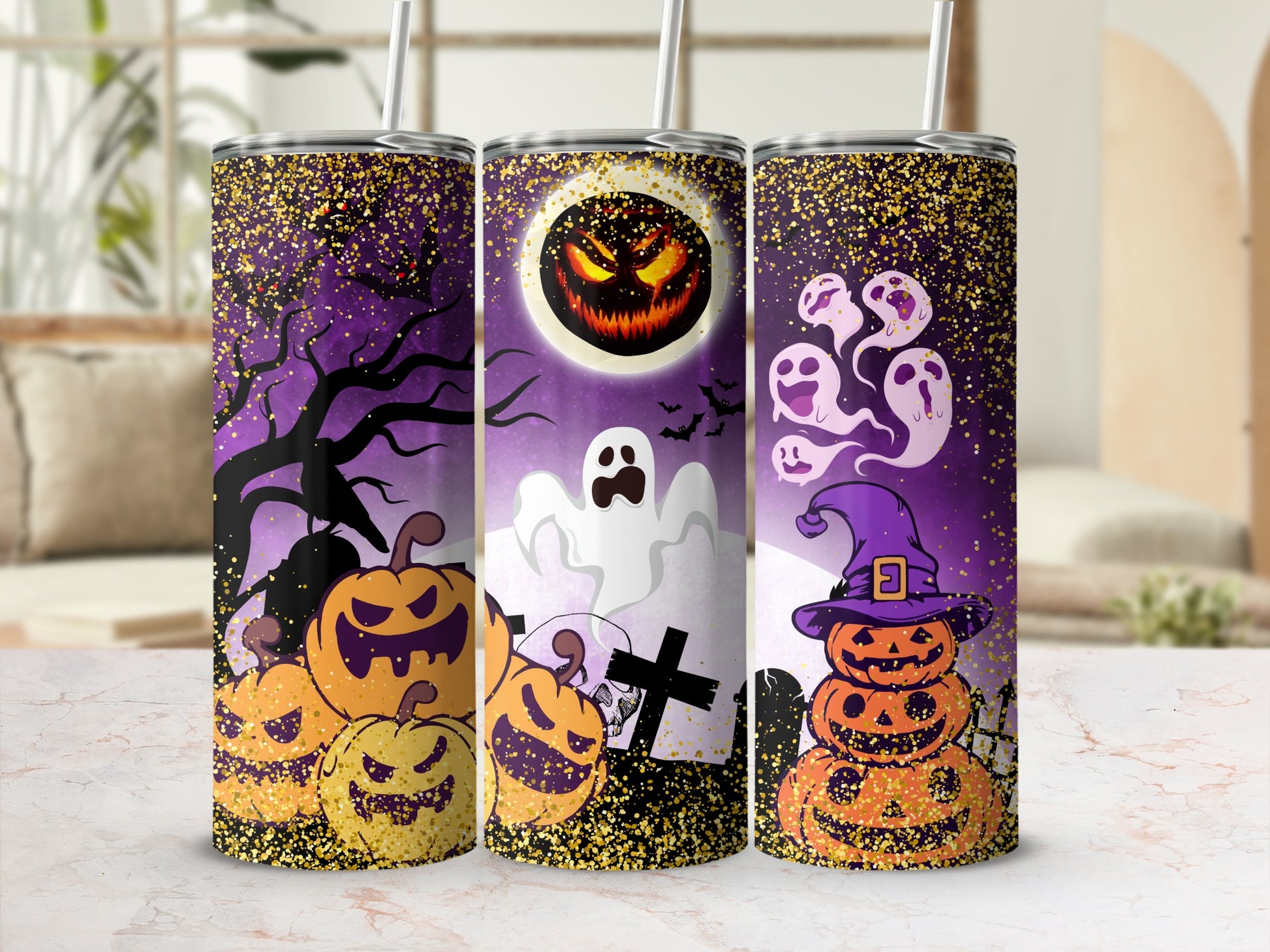 Halloween-themed spooky pumpkin ghost stainless steel tumbler