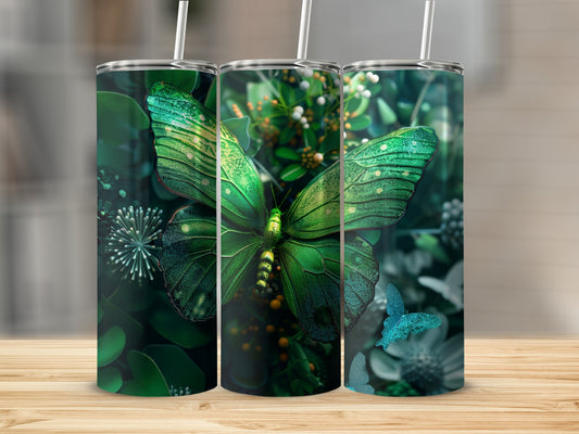 Three tumblers with green butterfly and floral designs.