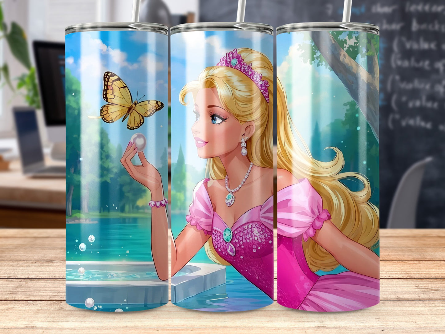 Blonde Princess with Butterfly and Pearl Illustration Tumblers