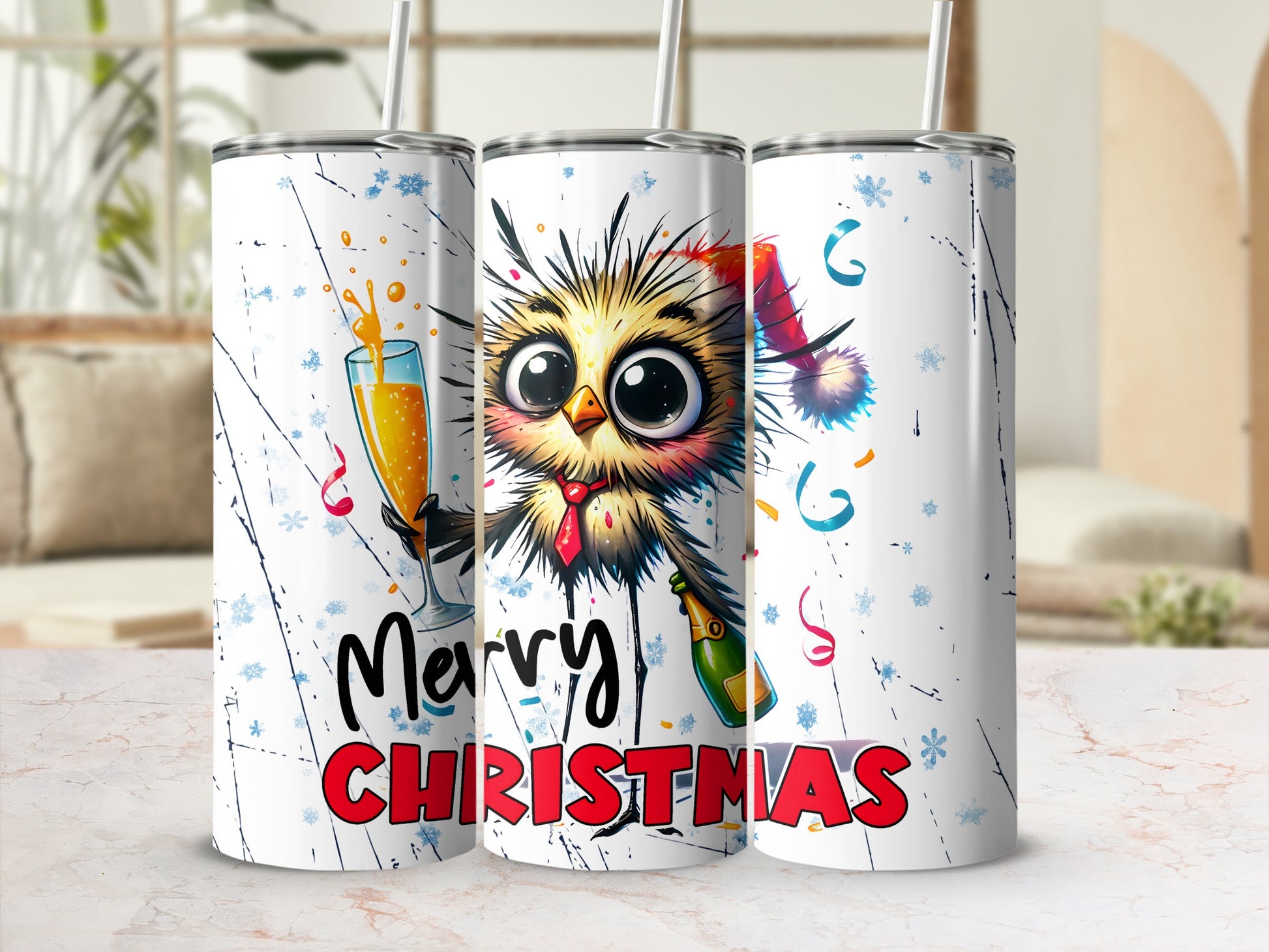 Festive owl wearing Santa hat, holding champagne, with "Merry Christmas" text.