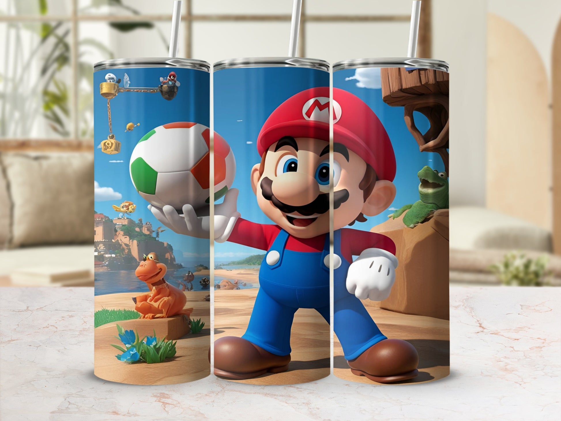 Mario holding a soccer ball, with a video game landscape background.