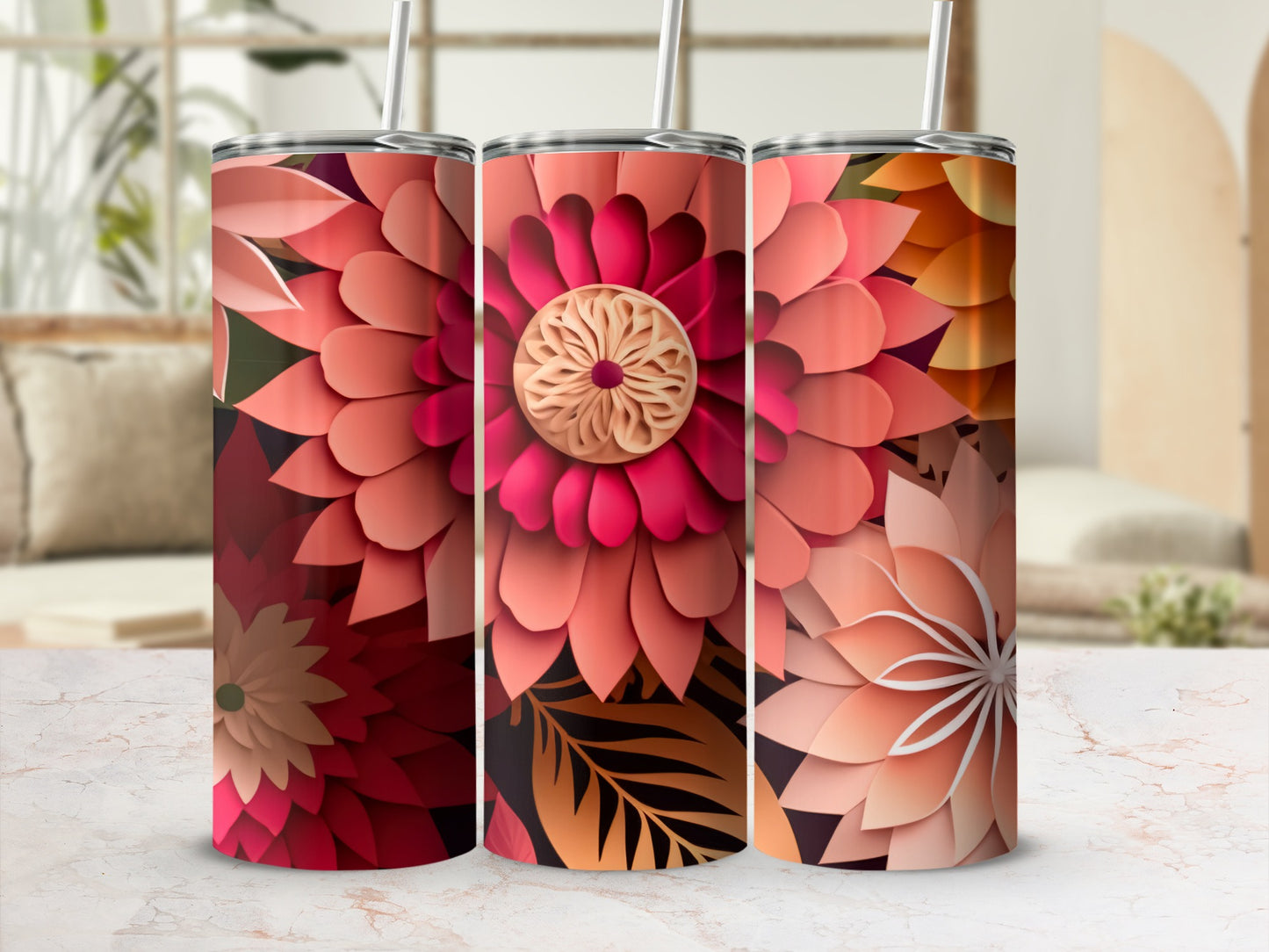 Floral Pattern Tumbler with Bold Red and Pink Flowers