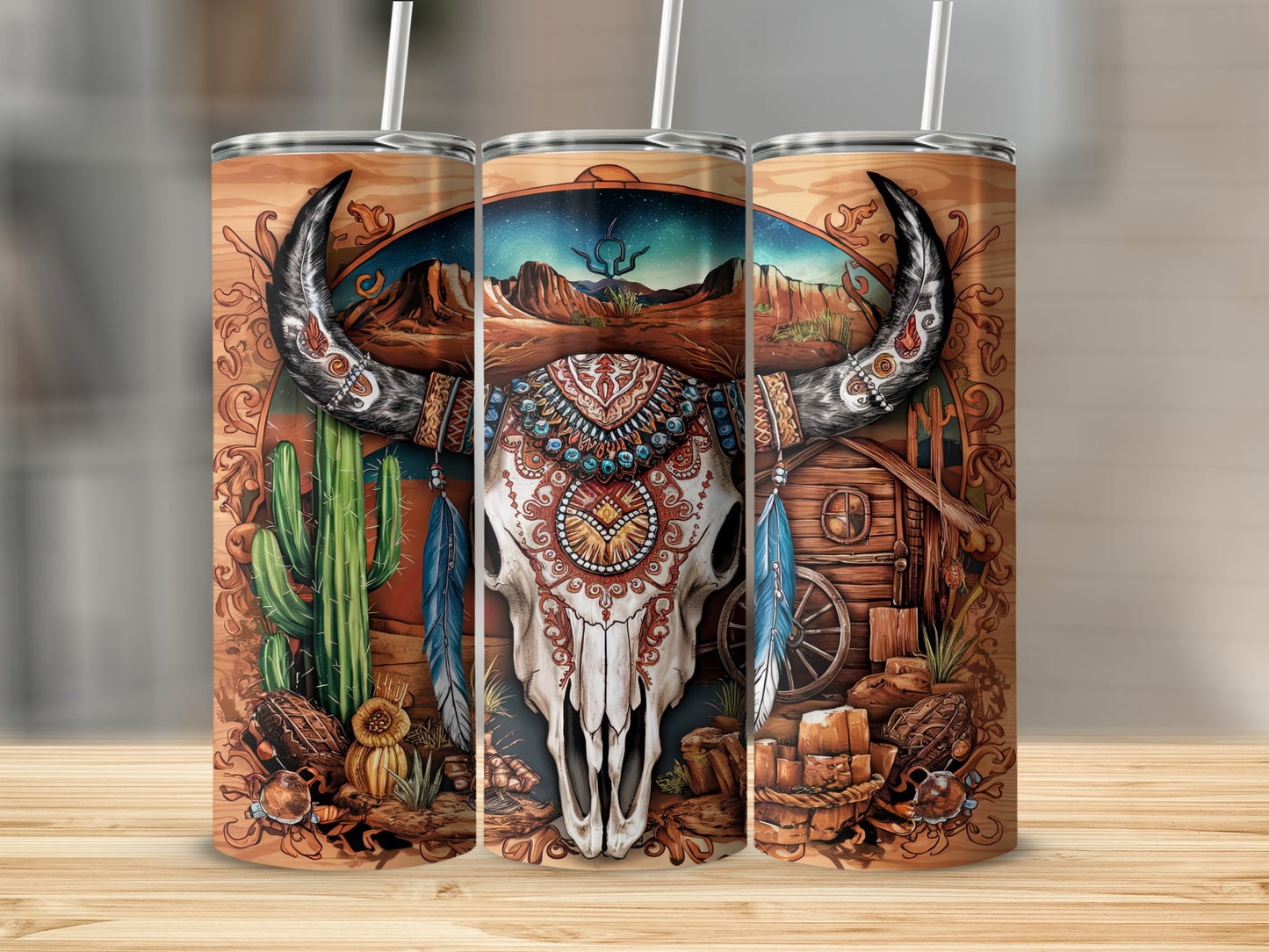 Bull skull with desert landscape and teepee decoration, three tumblers.