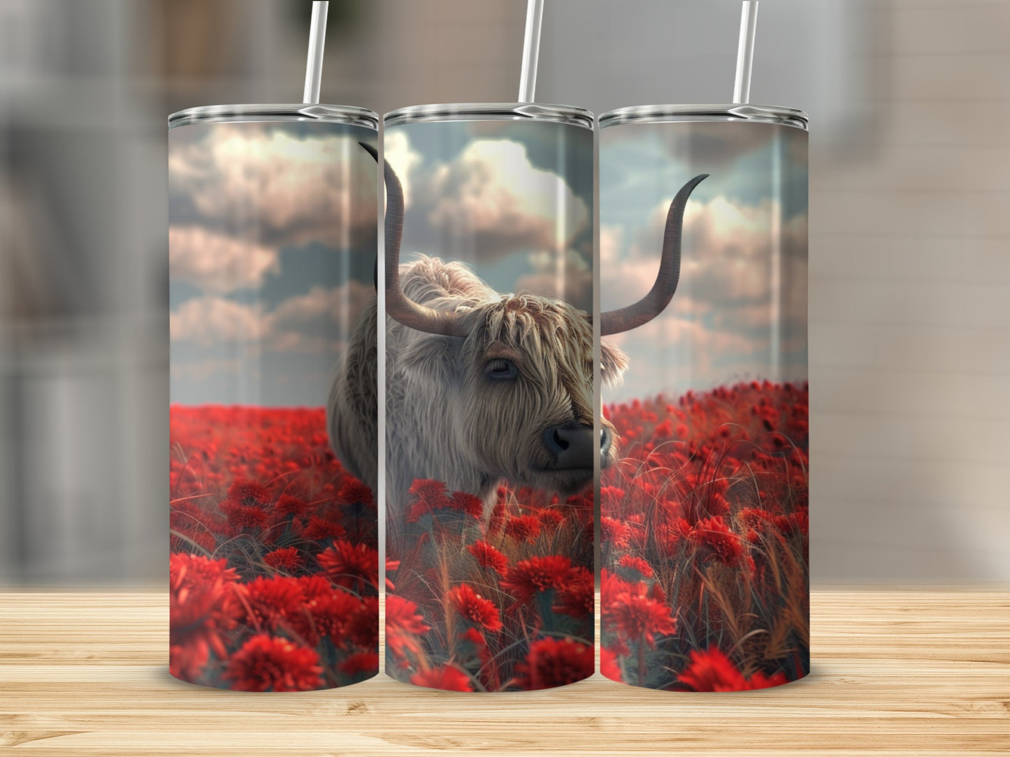 Highland cow in a field of red flowers, full shot.