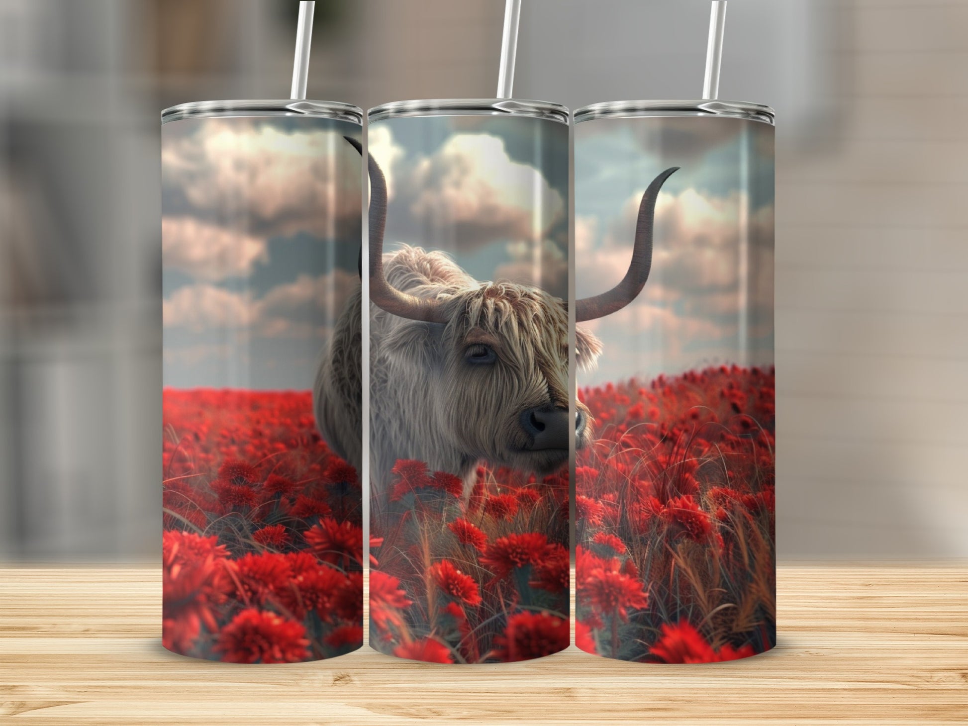Highland cow in a field of red flowers, full shot.
