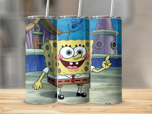 SpongeBob SquarePants character with a blue jellyfish in the background on a tumbler.