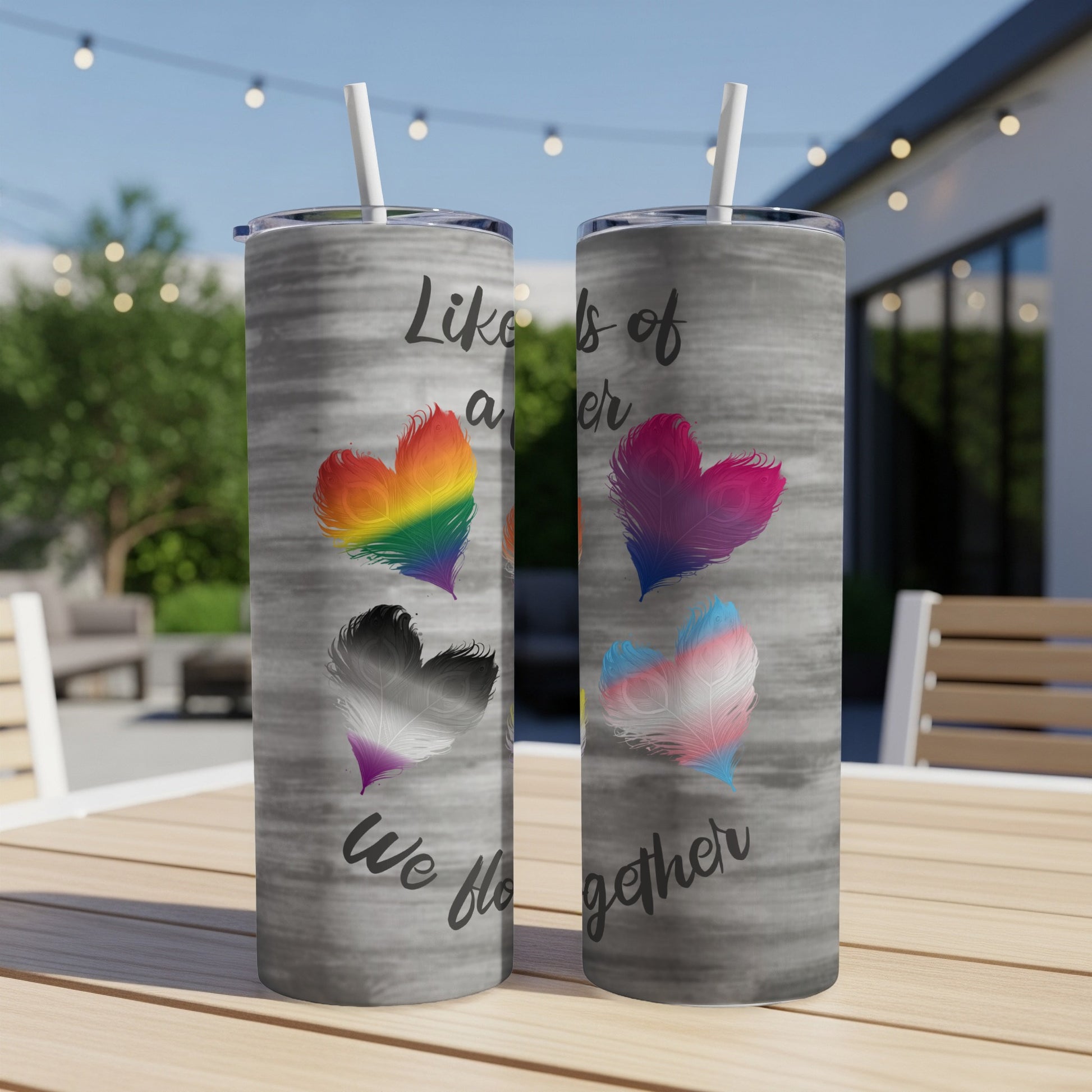 Two tumblers with pride flags as feathers, "Like a lot of us, we flow together".