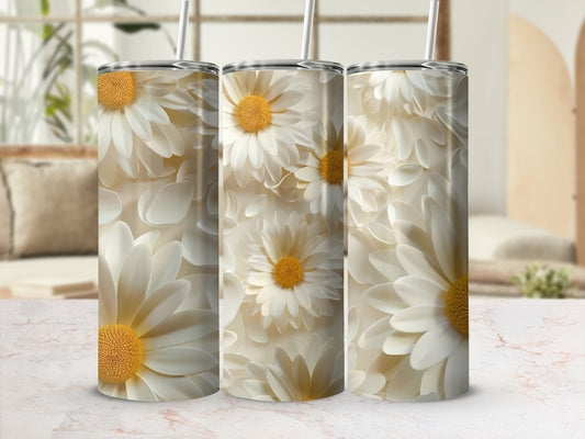 Three tall tumblers with white daisy floral pattern.