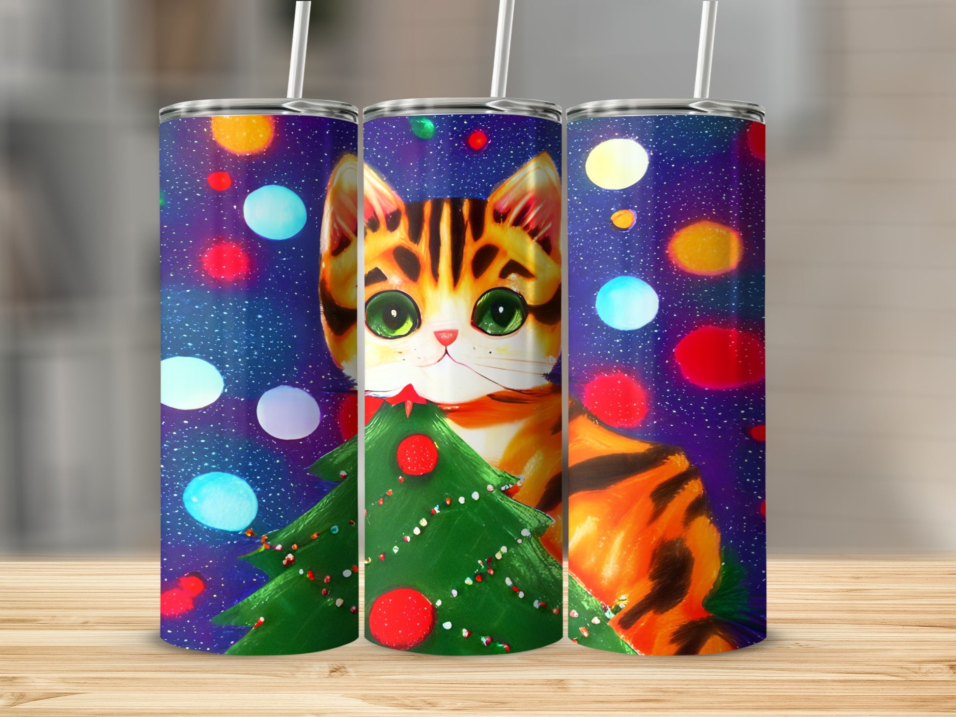 Christmas cat with tree and colorful bokeh lights on a tumbler.