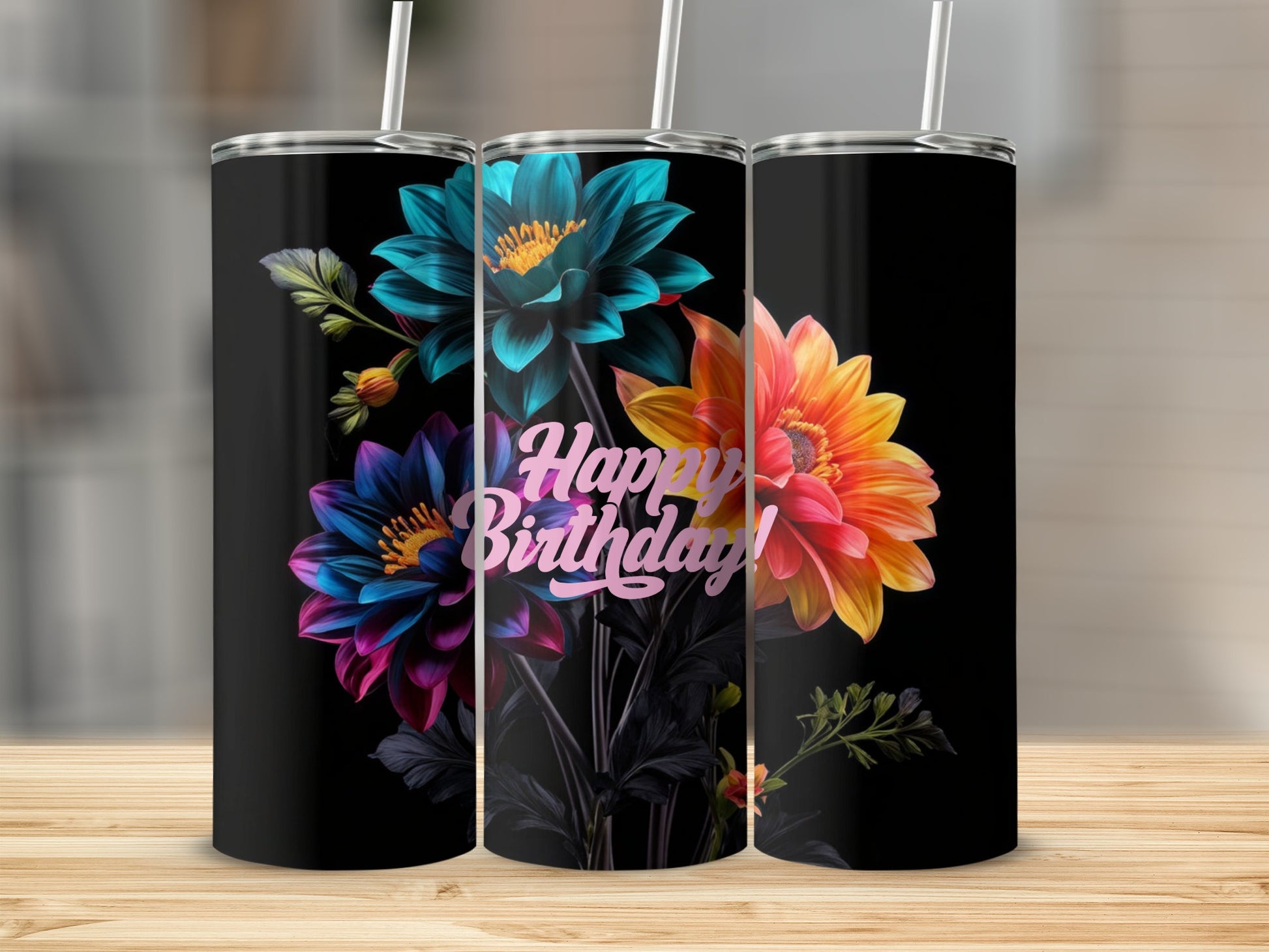Black tumbler with vibrant floral graphic and "Happy Birthday" text.
