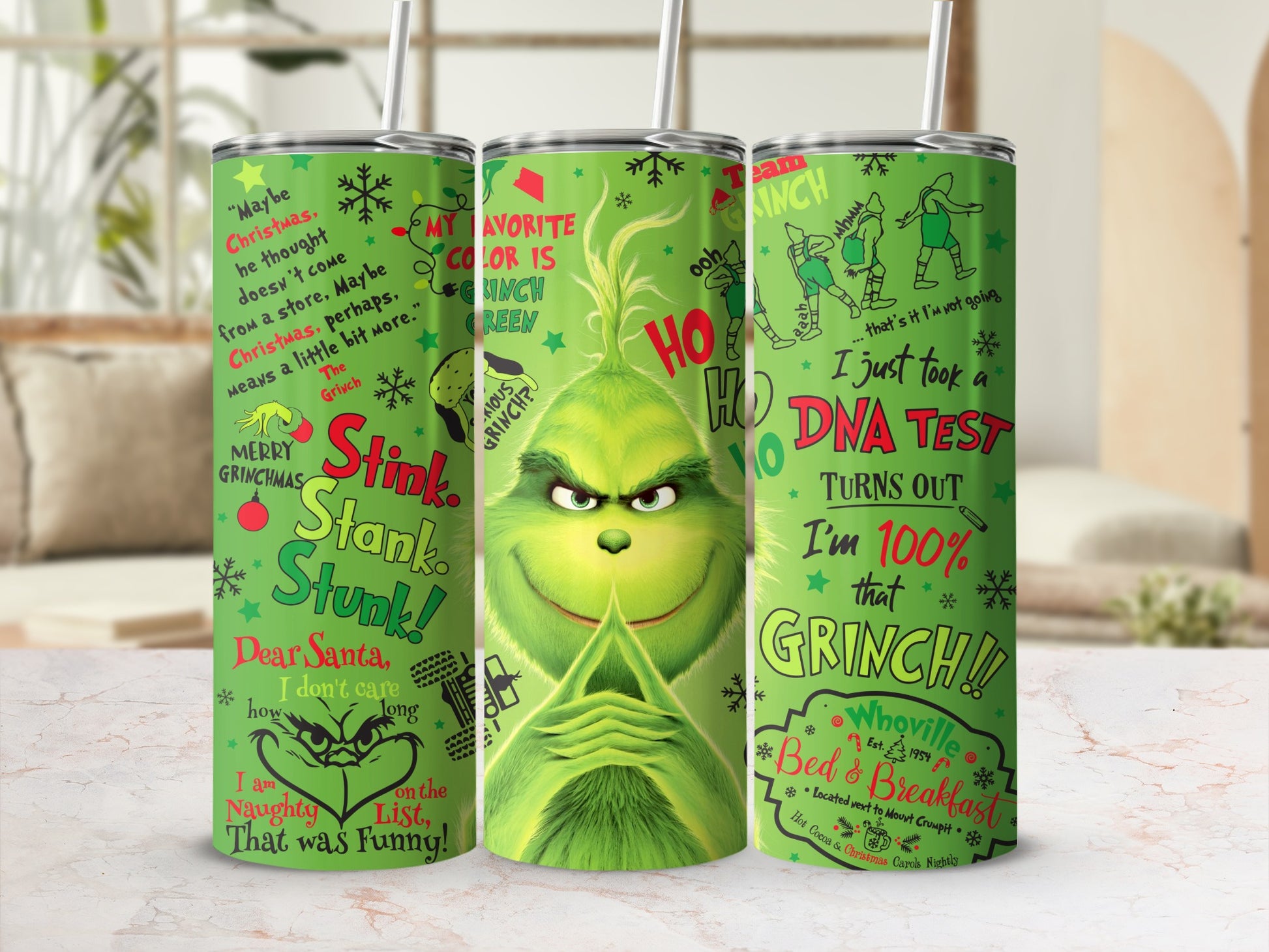 Grinch themed tumbler with quotes, "Stink. Stank. Stunk." and "My favorite color is Grinch green."