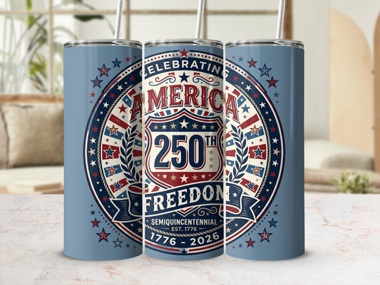 Blue tumbler celebrating America's 250th semiquincentennial EST. 1776 - 2026.