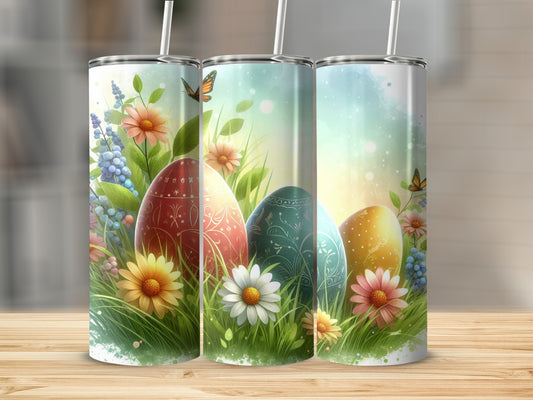 Easter eggs and flowers on a cylindrical tumbler design.