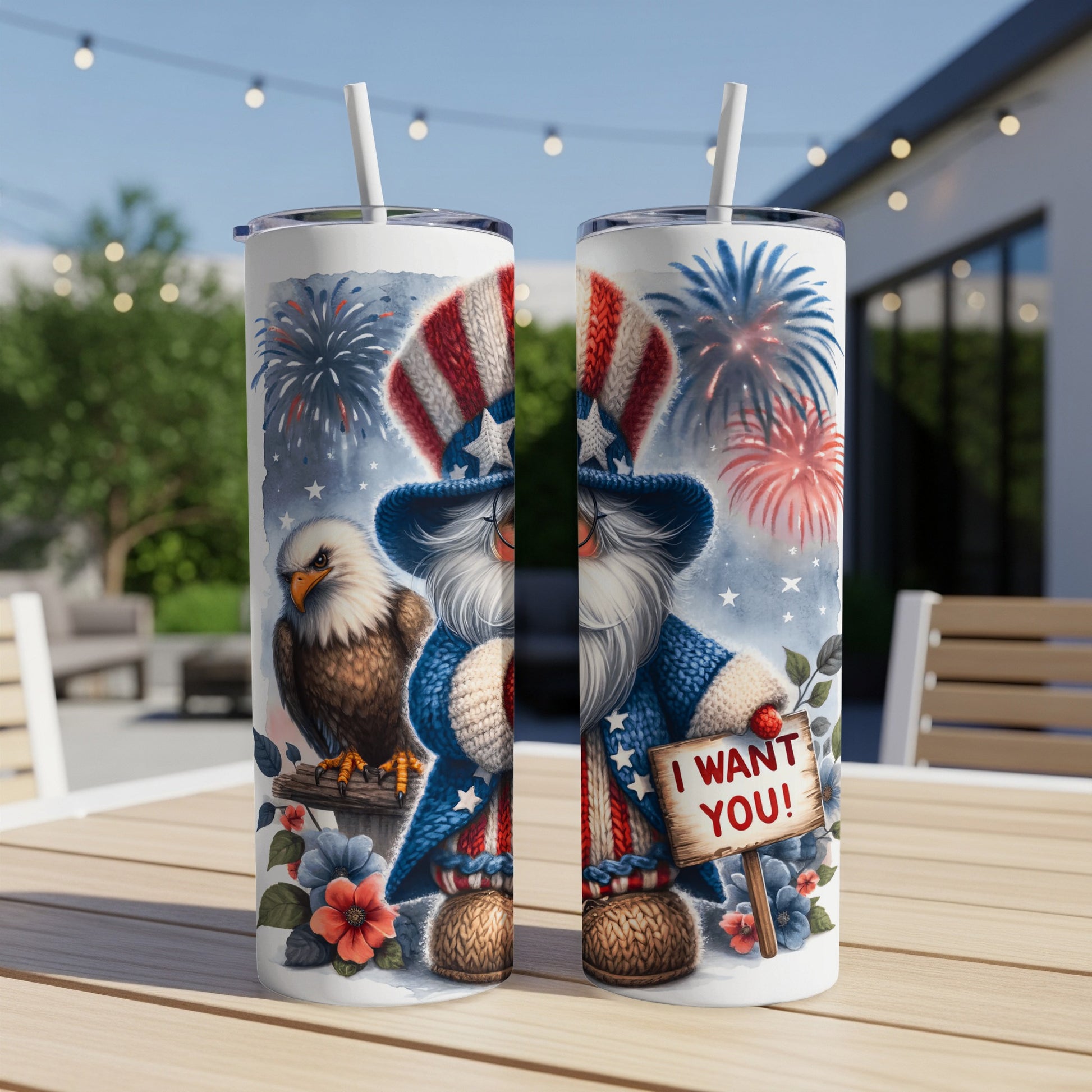 Uncle Sam with eagle, American flag details, and "I WANT YOU" sign.