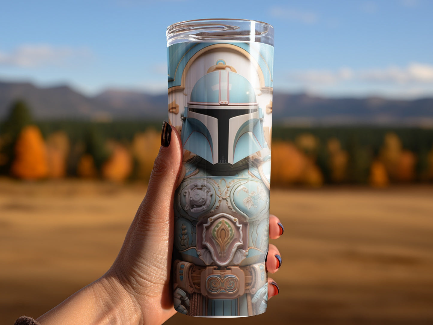 Mandalorian Themed Tumbler with Scenic Background