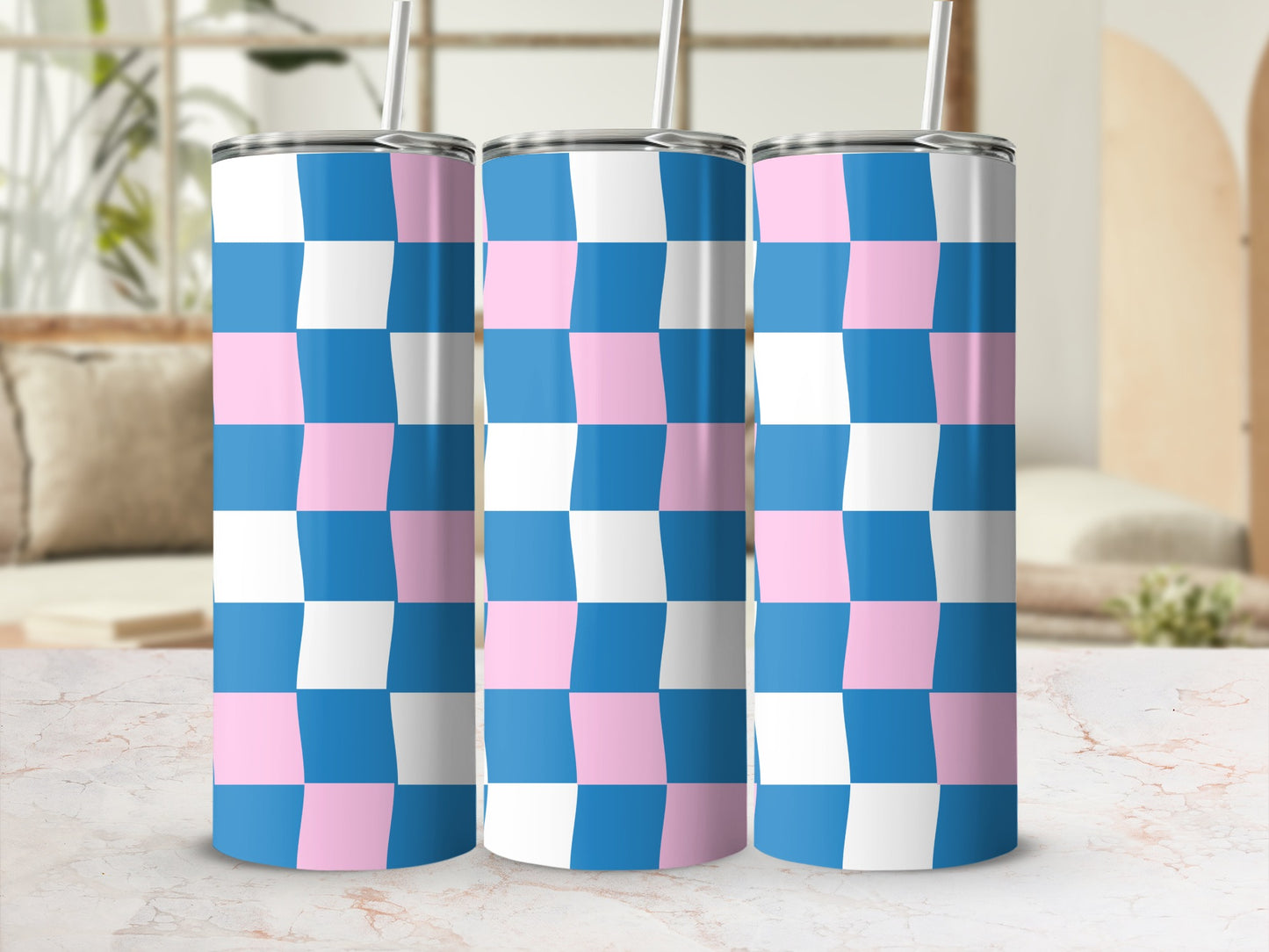 Three tumblers with a pink, blue, and white checkerboard pattern.