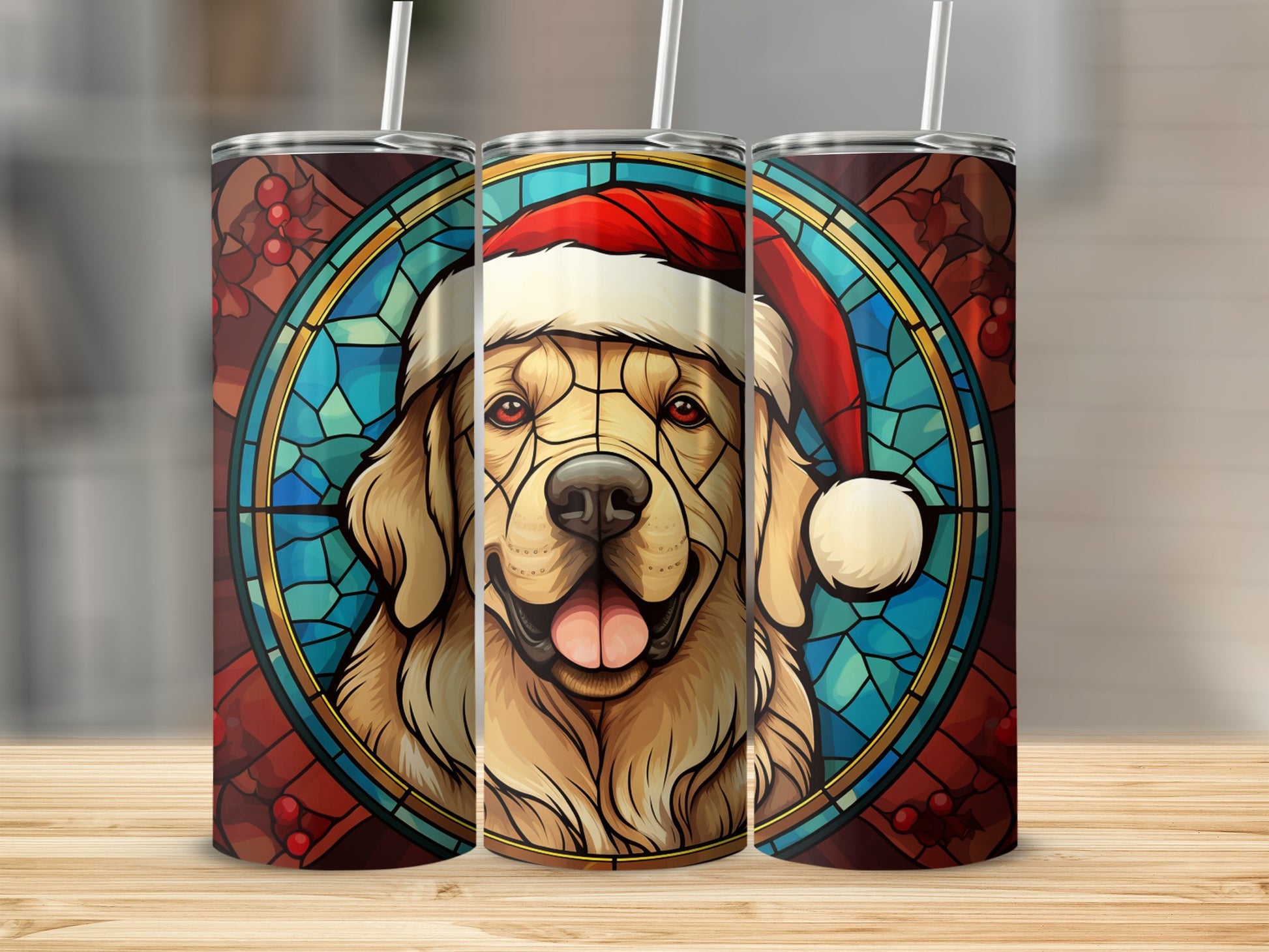 Golden Retriever in Santa hat, depicted as stained glass, on three tumblers.