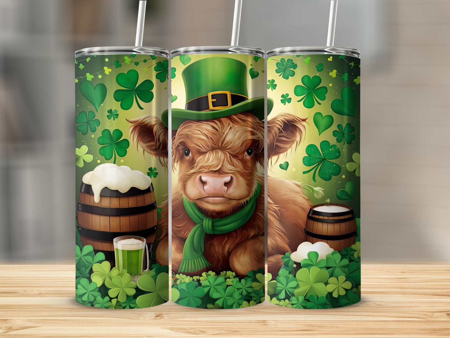 Highland cow in green hat and scarf with shamrocks and beer mugs.