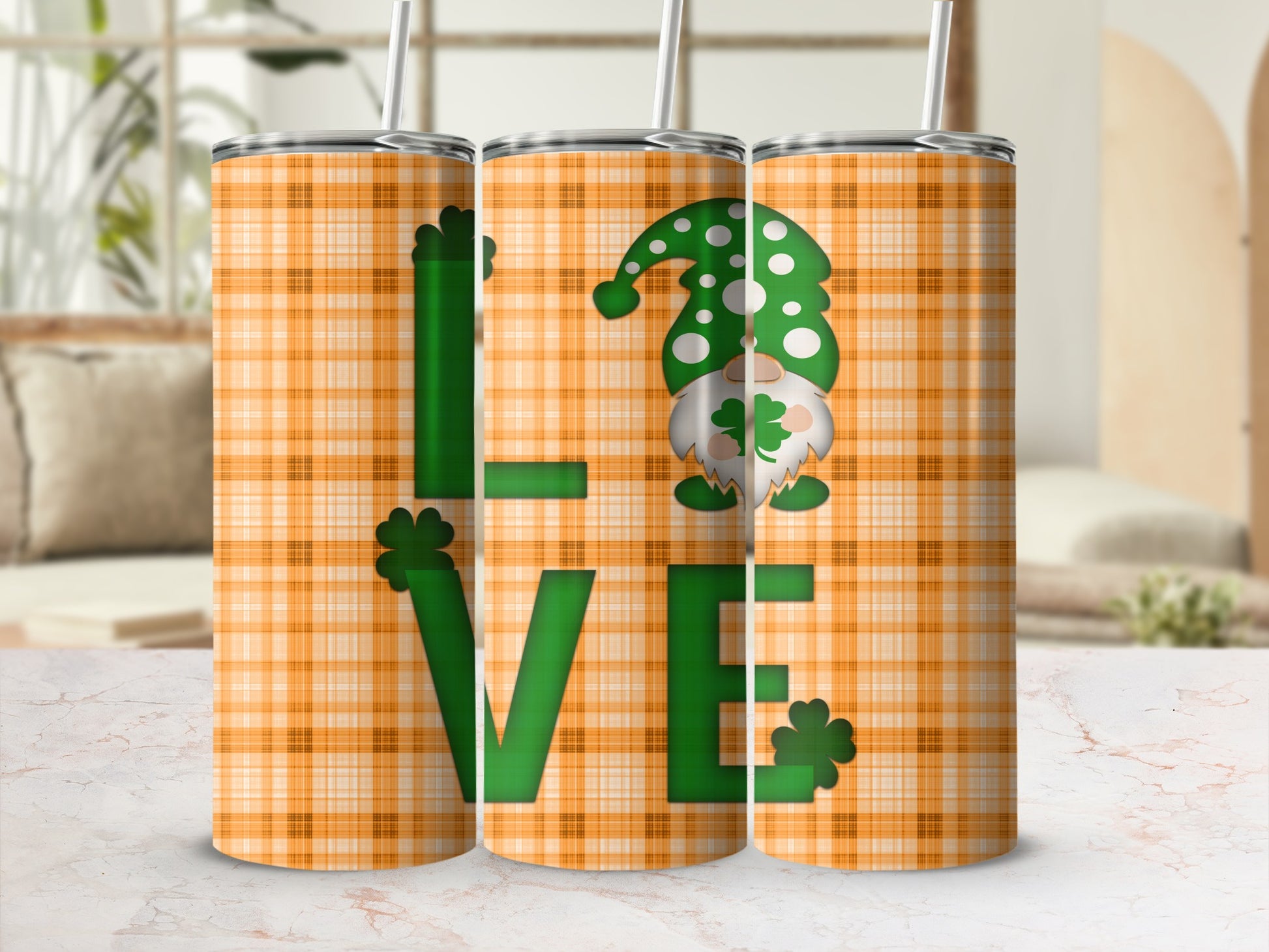 Gnome and shamrocks on orange plaid "LOVE" tumbler with straw.