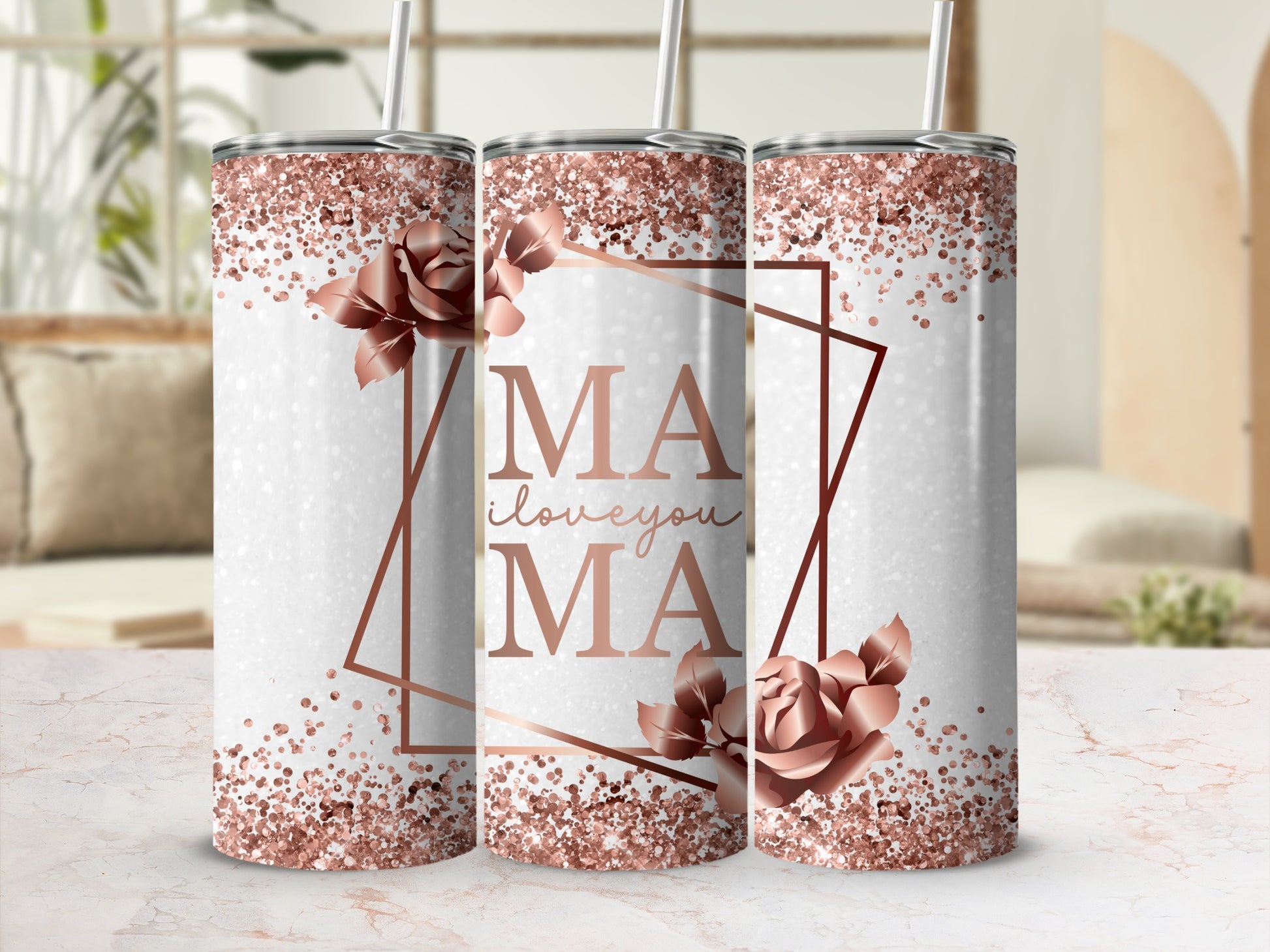 Rose gold glitter Mama I love you tumbler with floral accents.