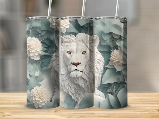 White lion with floral background on three tumblers.