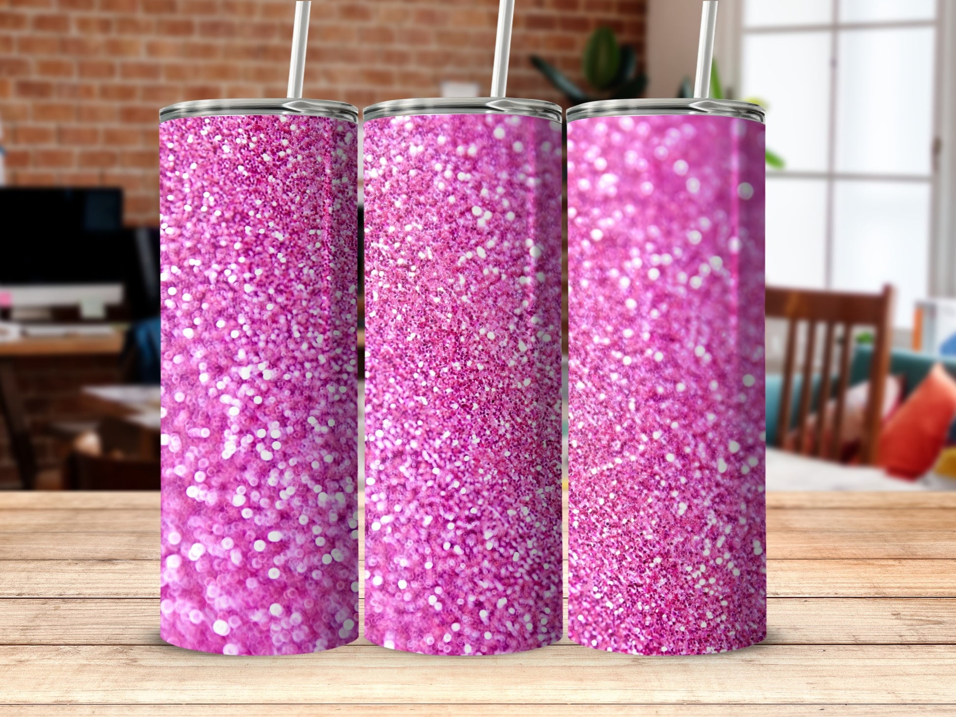 Sparkling Pink Glitter Tumbler with Straw Insert