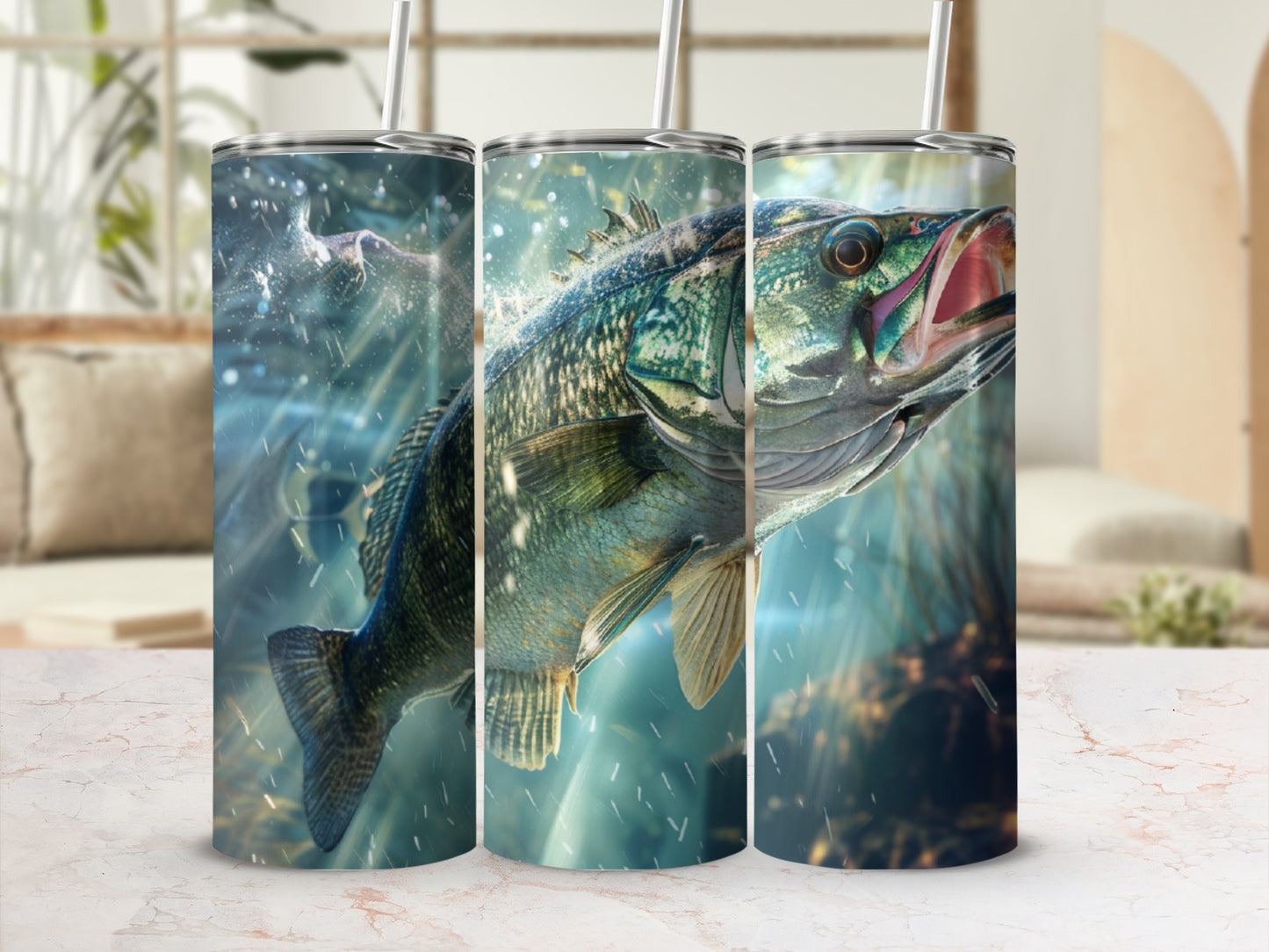 Largemouth bass leaping from murky water, depicted on a patterned tumbler.