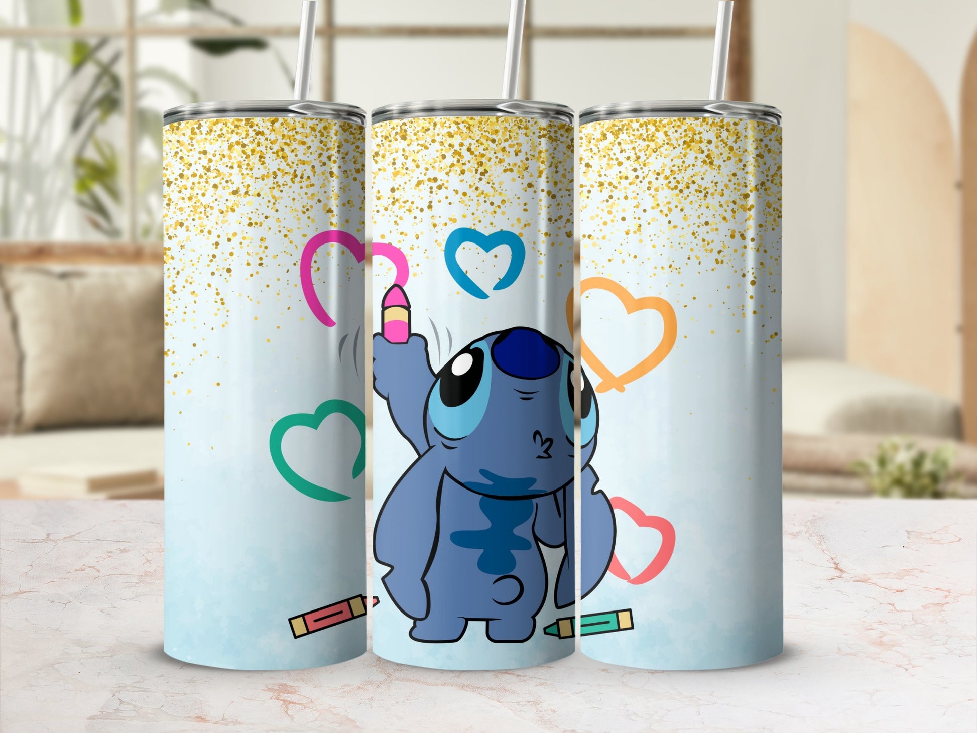 Cute Cartoon Character with Glitter Hearts Tumbler