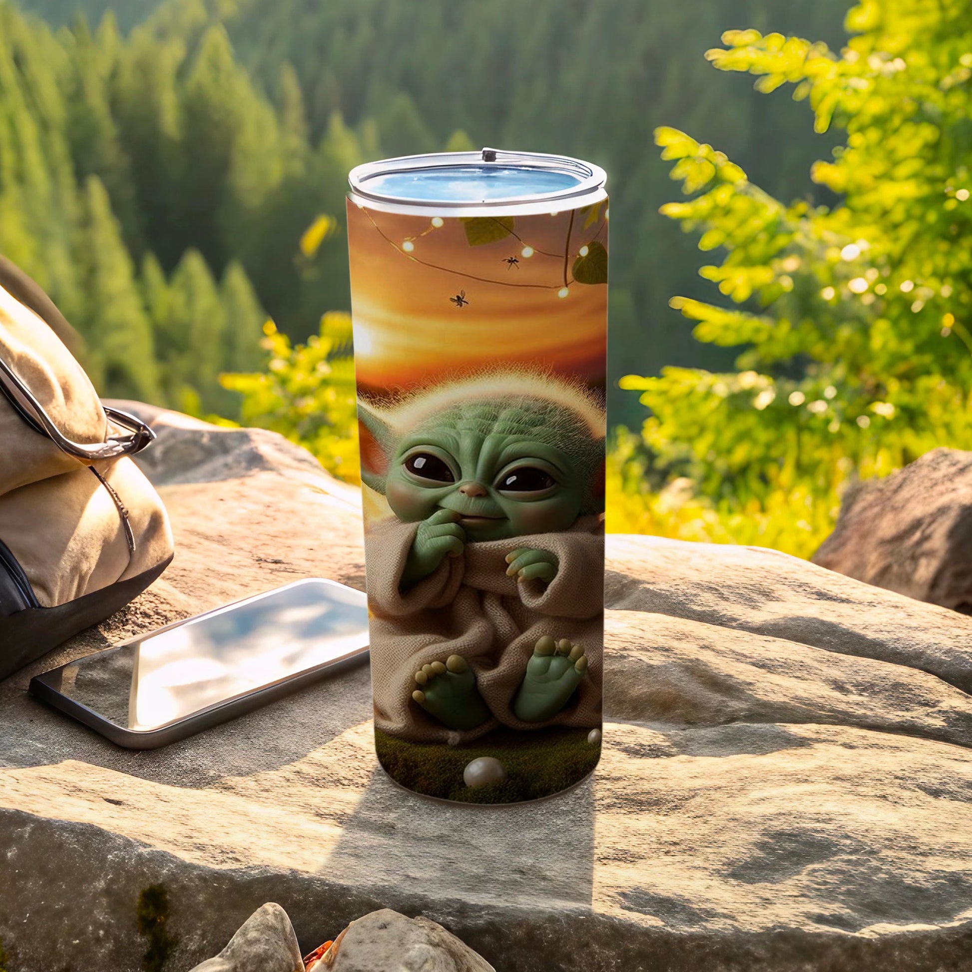 Cute Baby Alien Tumbler with Scenic Background for Camping