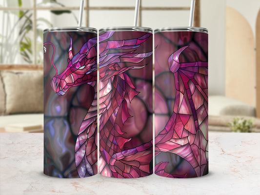 Pink stained glass dragon design on a tumbler.