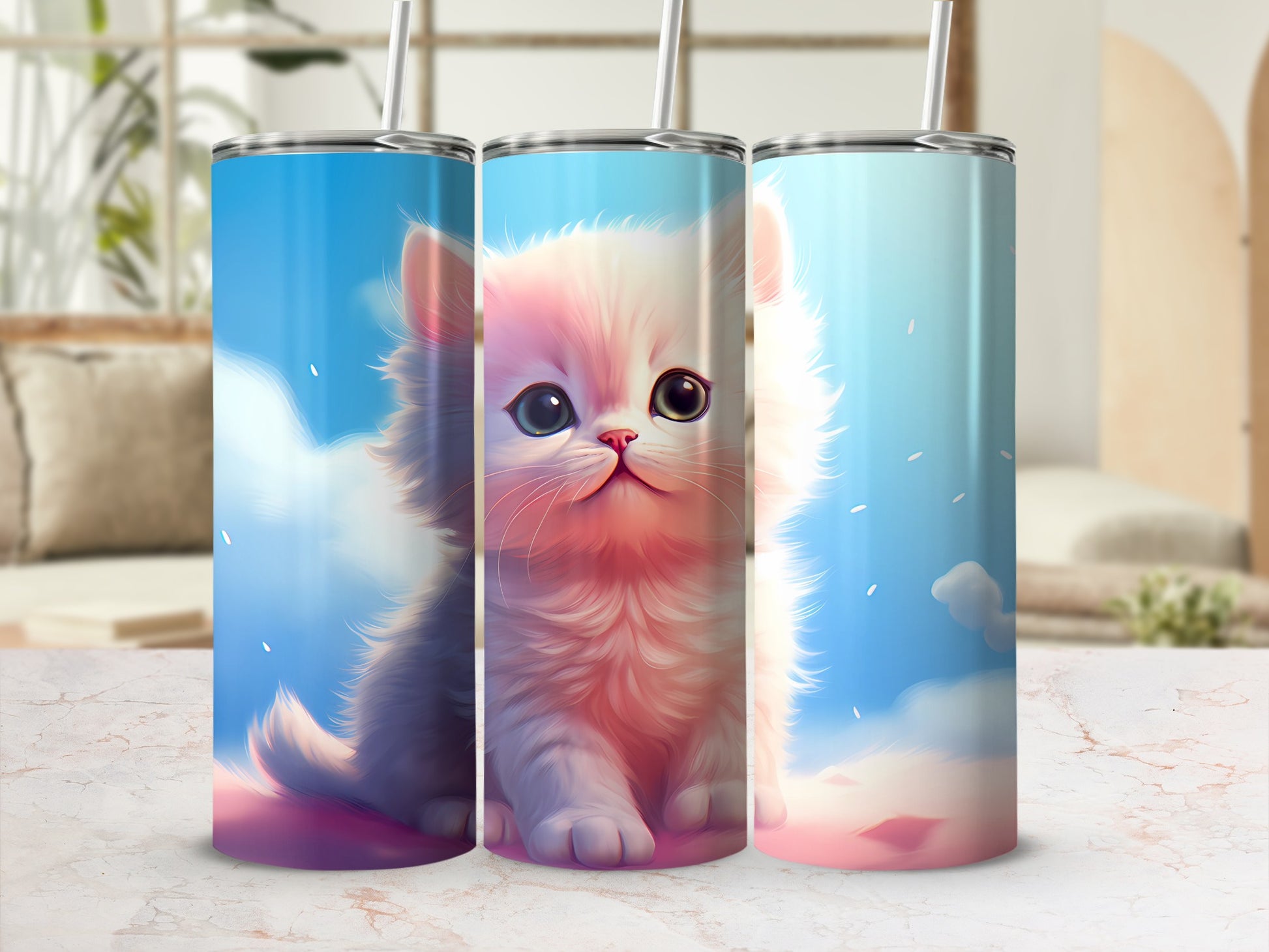 Adorable Fluffy Kitten Blue Sky Pink Clouds Tumbler product type