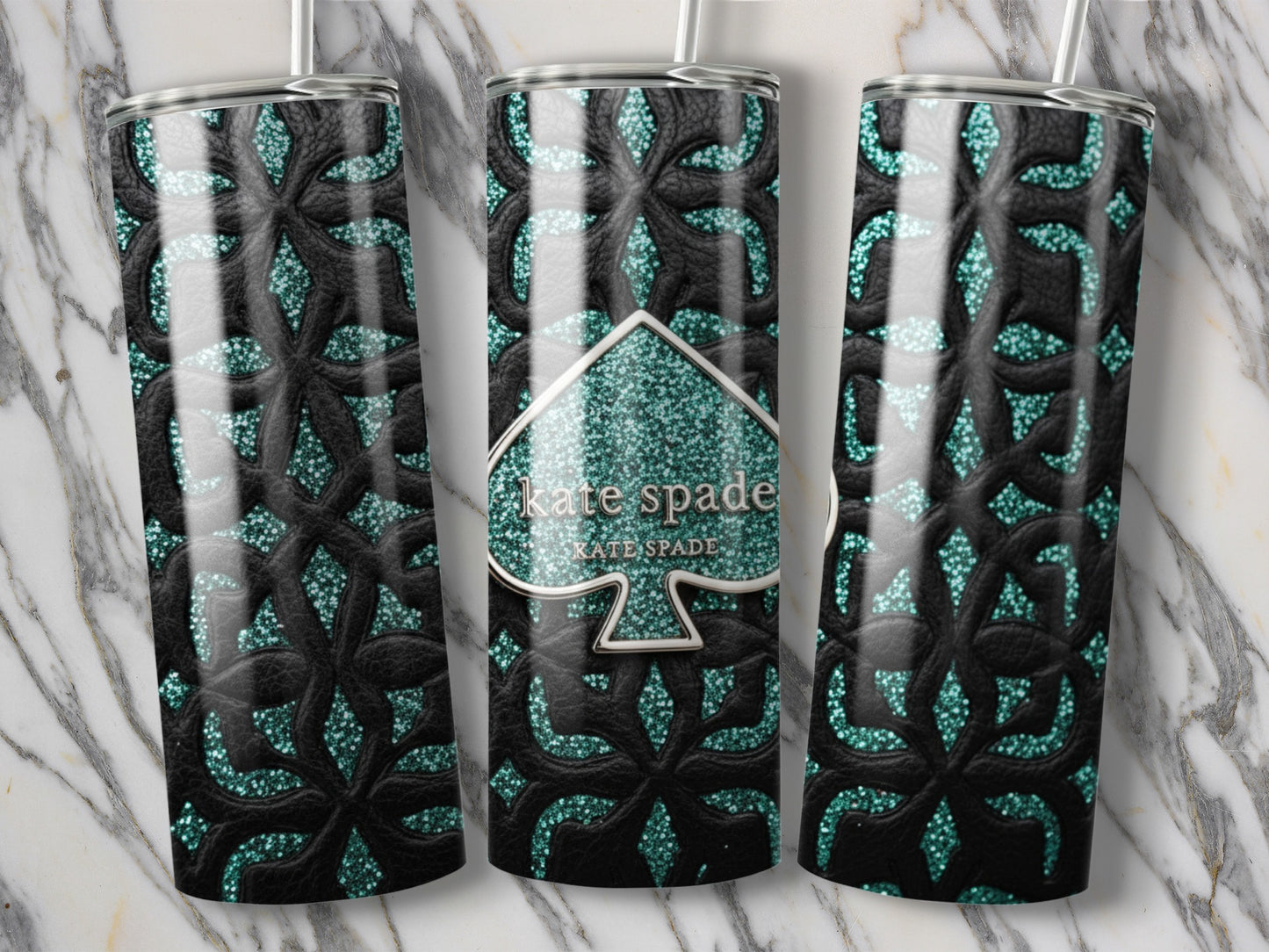 Kate Spade Inspired  Logo on Black and Green Floral Design Tumblers