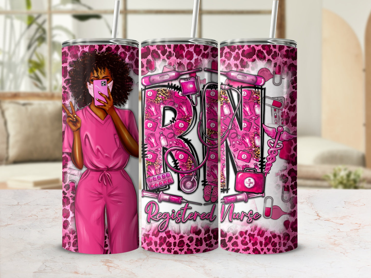 Pink leopard print tumbler with "RN Registered Nurse" text and nurse graphic.