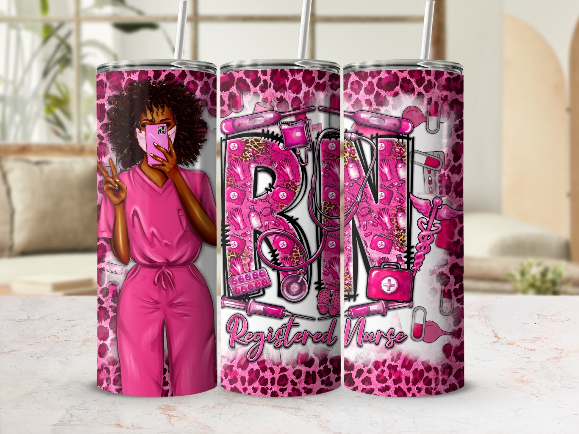 Pink leopard print tumbler with "RN Registered Nurse" text and nurse graphic.