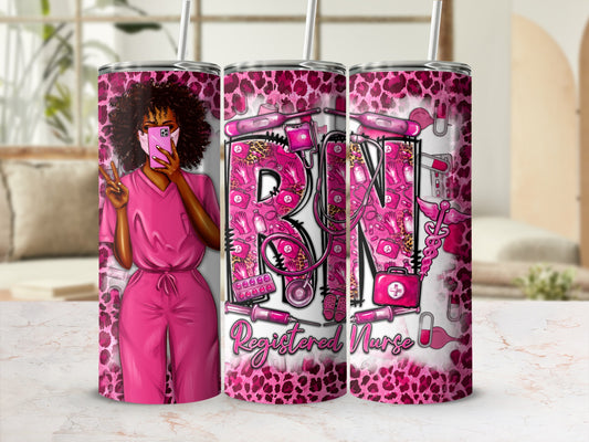 Pink leopard print tumbler with "RN Registered Nurse" text and nurse graphic.
