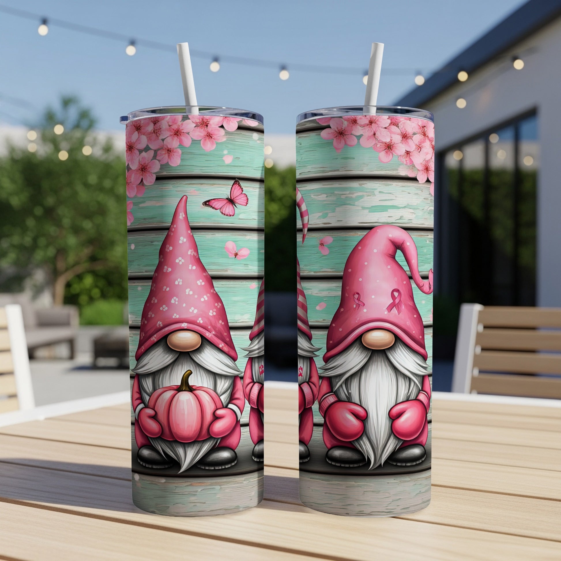 Pink gnome with pumpkin and breast cancer ribbon on tumbler.