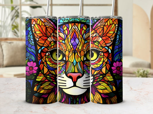 Colorful stained-glass cat face tumbler with straw.