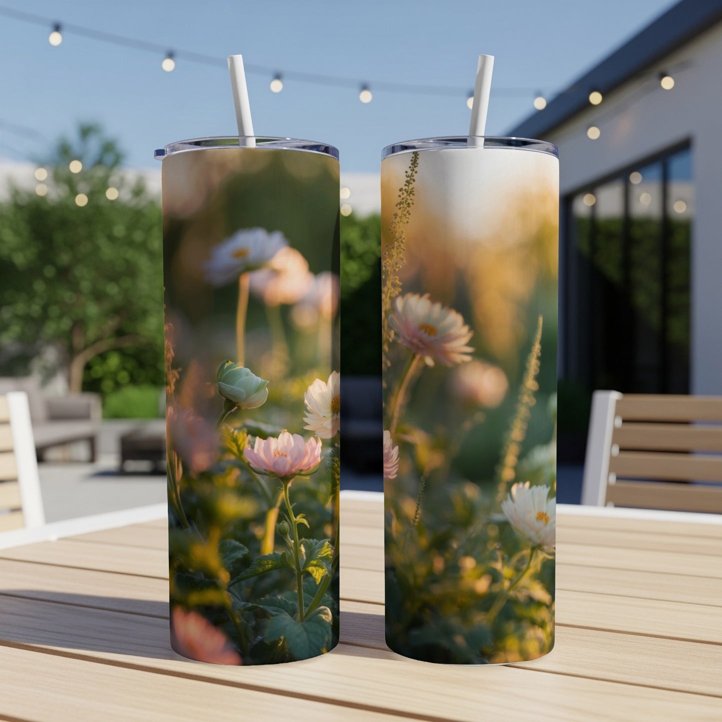 Two tumblers with floral pattern on outdoor table.