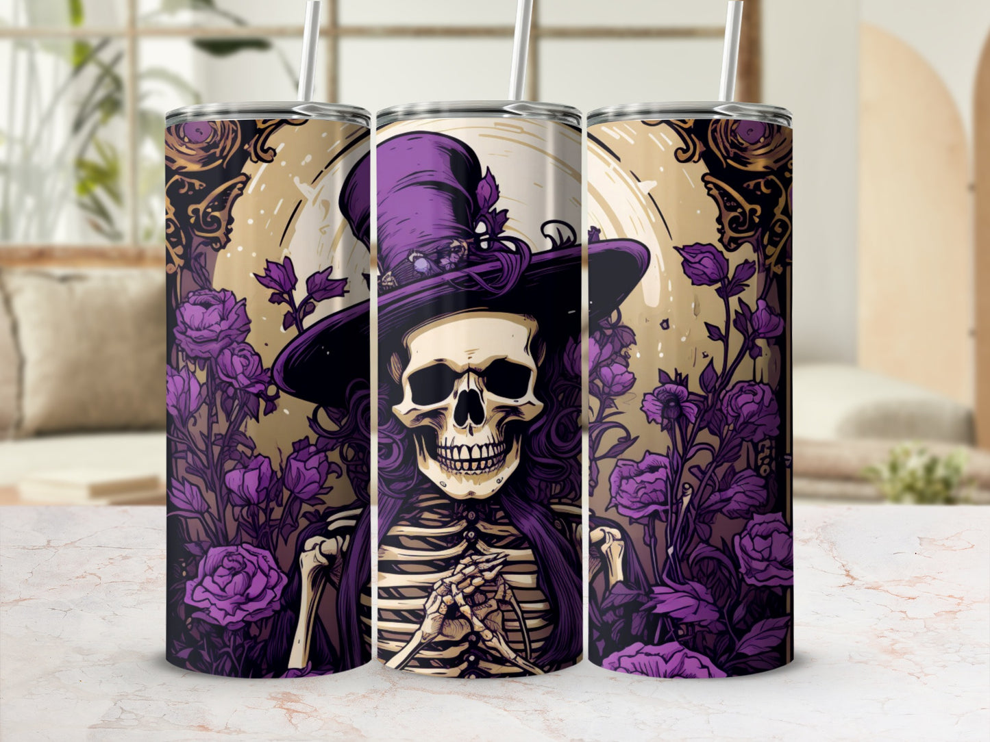 Purple Skeleton in Hat and Roses Tumbler Design