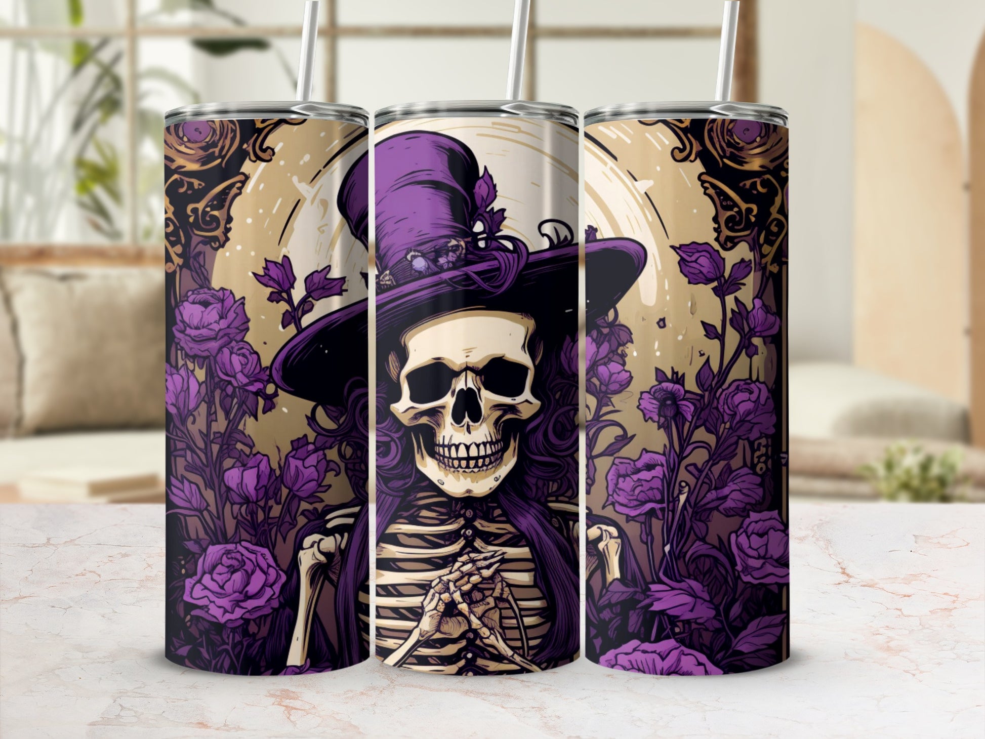 Purple Skeleton in Hat and Roses Tumbler Design