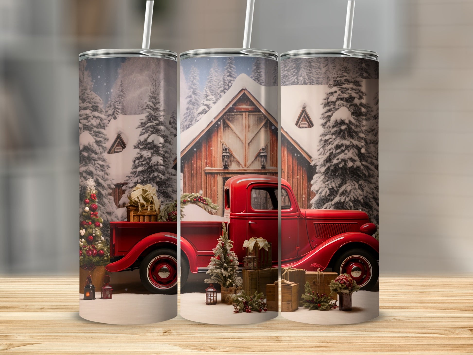 Festive Vintage Red Truck Winter Scene Tumbler