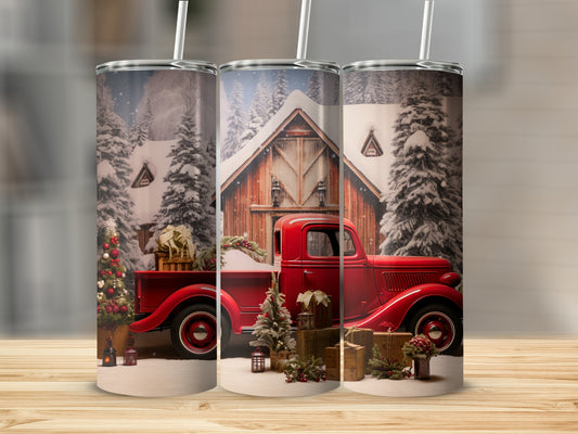 Festive Vintage Red Truck Winter Scene Tumbler