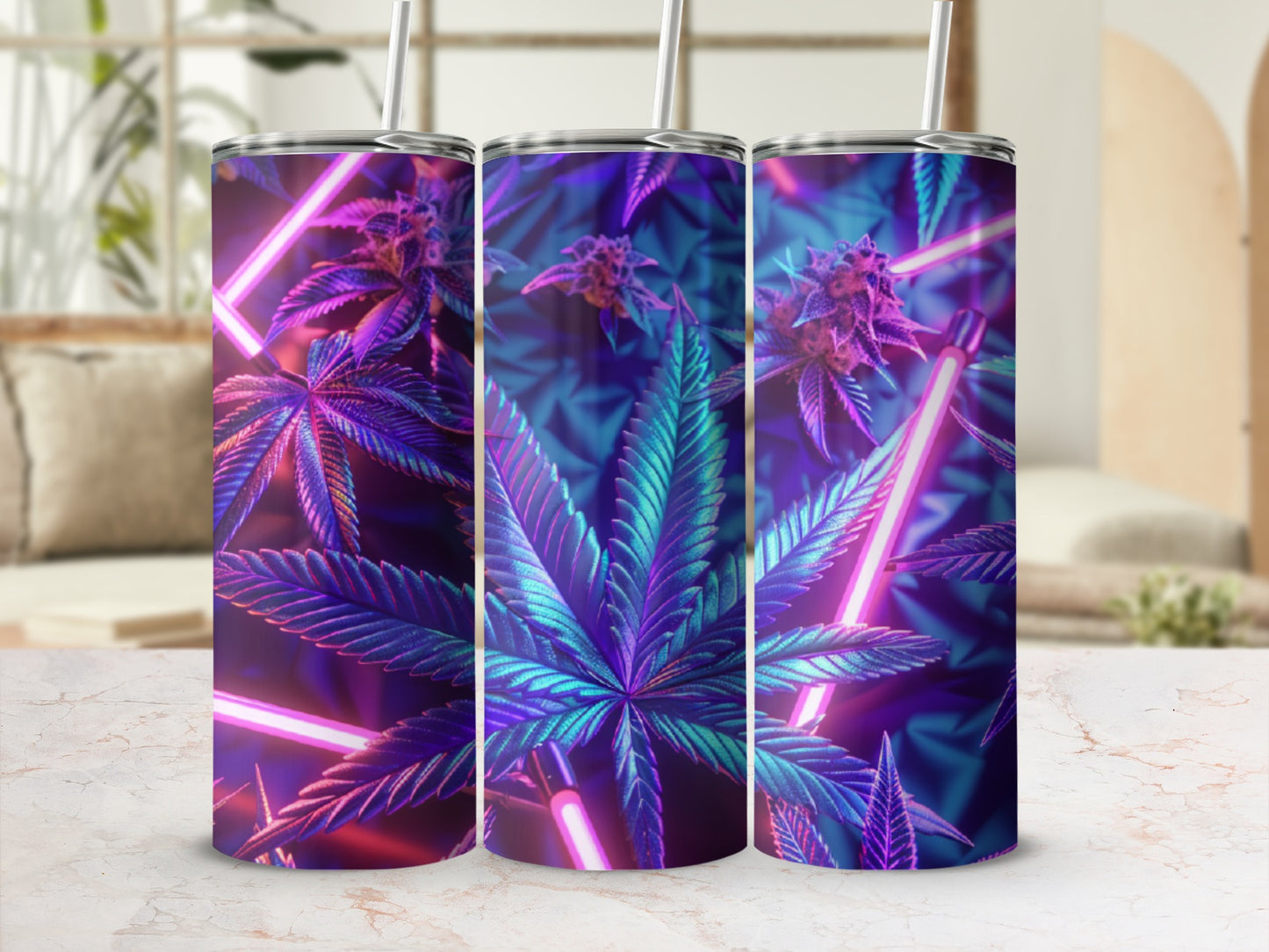 Purple cannabis leaves with pink and blue neon lights on a tumbler.